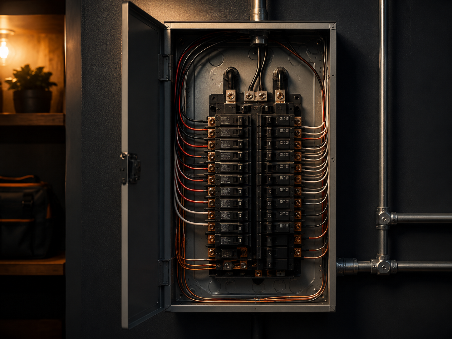 Open residential electrical panel with neatly arranged breakers and wiring